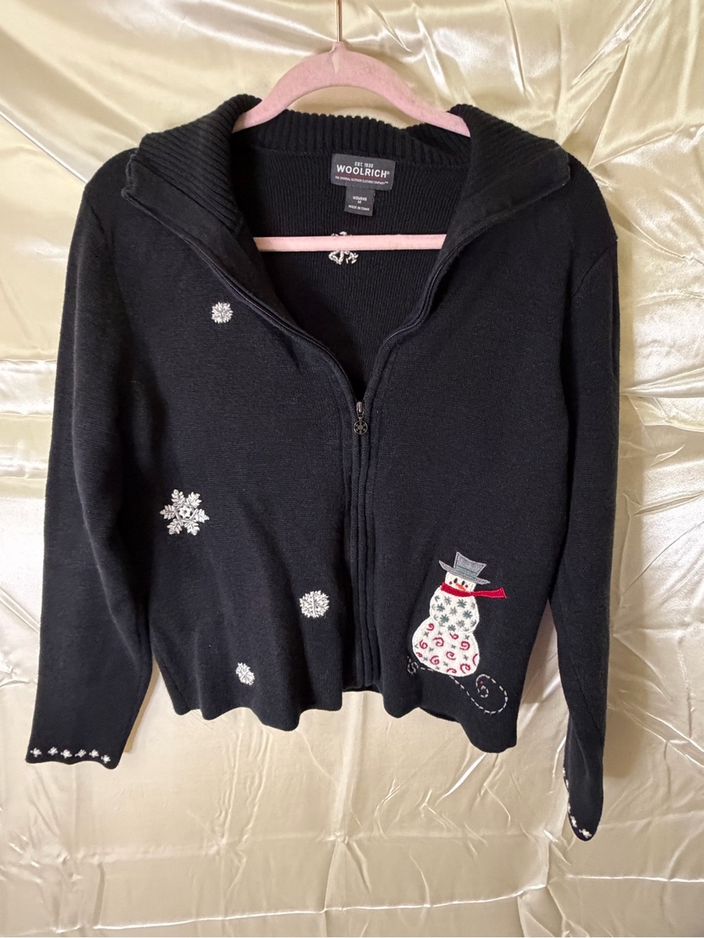 Woolrich Womens M Snowman Christmas Cardigan Sweater Black Full Zip Holiday